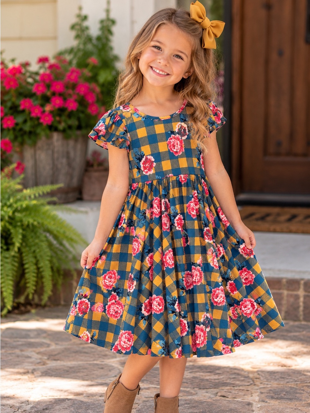 Dot Dot Smile Empire Dress Yellow and Teal plaid with Pink Roses